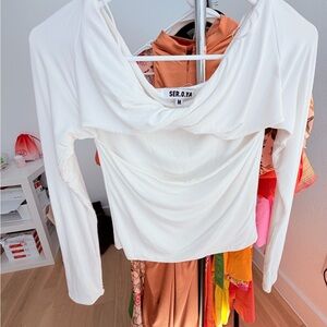 SER.O.YA White Draped Cowl Long-Sleeve Top